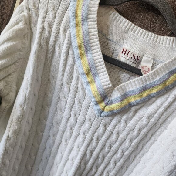 RUSS Liz Claiborne V-Neck White Tennis Sweater Women's Size XL Preppy Cable Knit - Picture 3 of 13